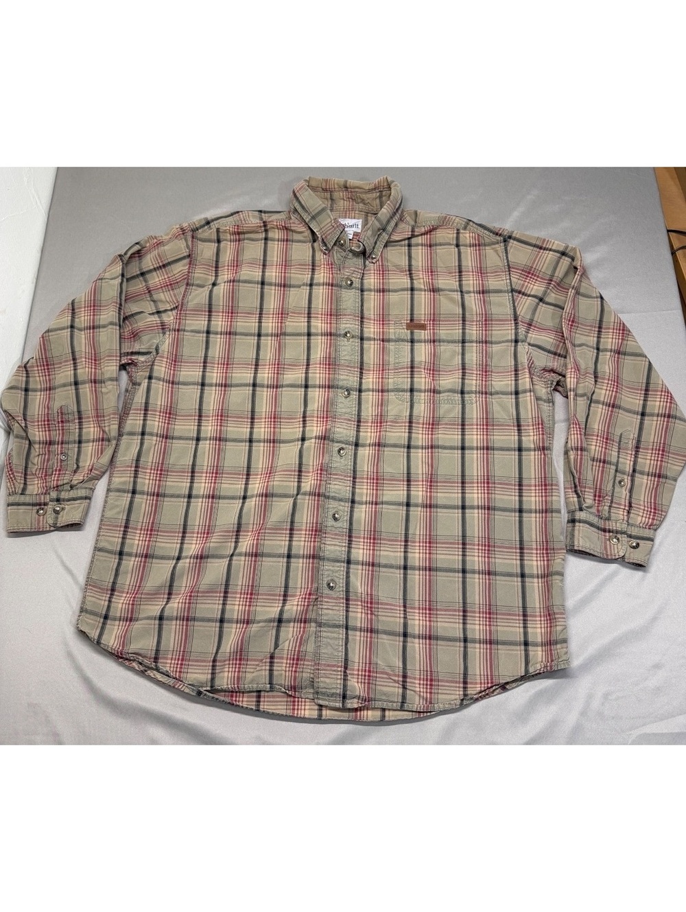 Carhartt Men's Long Sleeve Plaid Button-Up Shirt Beige Red Black